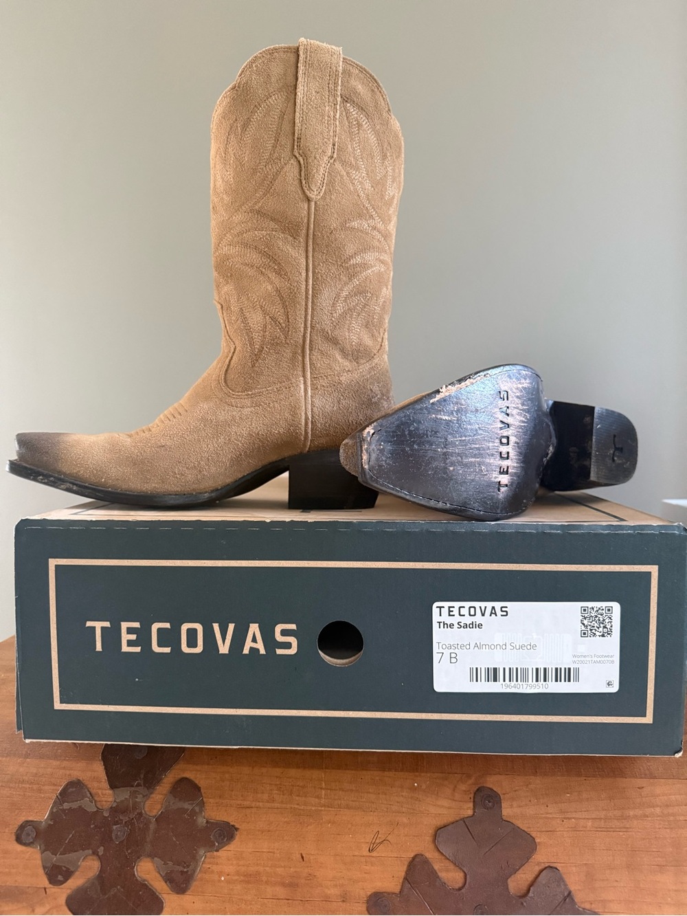 Tecovas Toasted Almond Suede Cowboy Boots - Tan - Picture 2 of 6